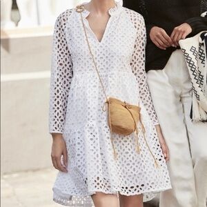 J. Crew Dress XS White Eyelet Tiered V-Neck Long Sleeve Knee Length A-Line